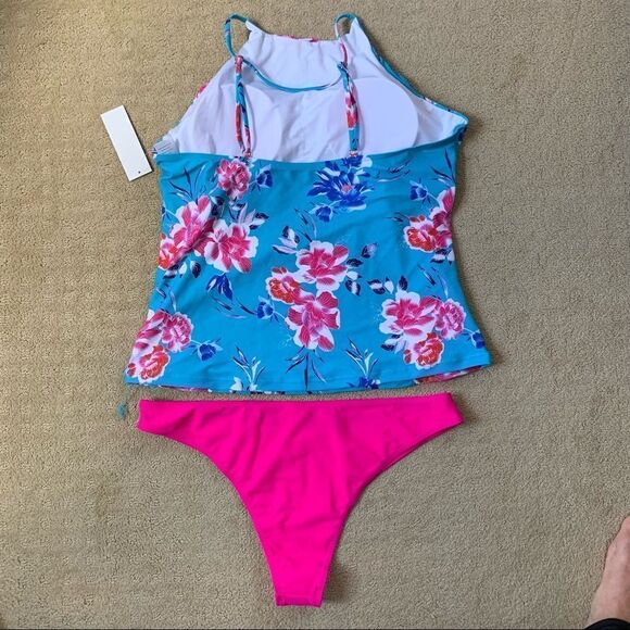 NWT Blue Floral High Neck Adjustable Straps Hot Pink Low Waist Bottoms Tankini - Picture 8 of 10